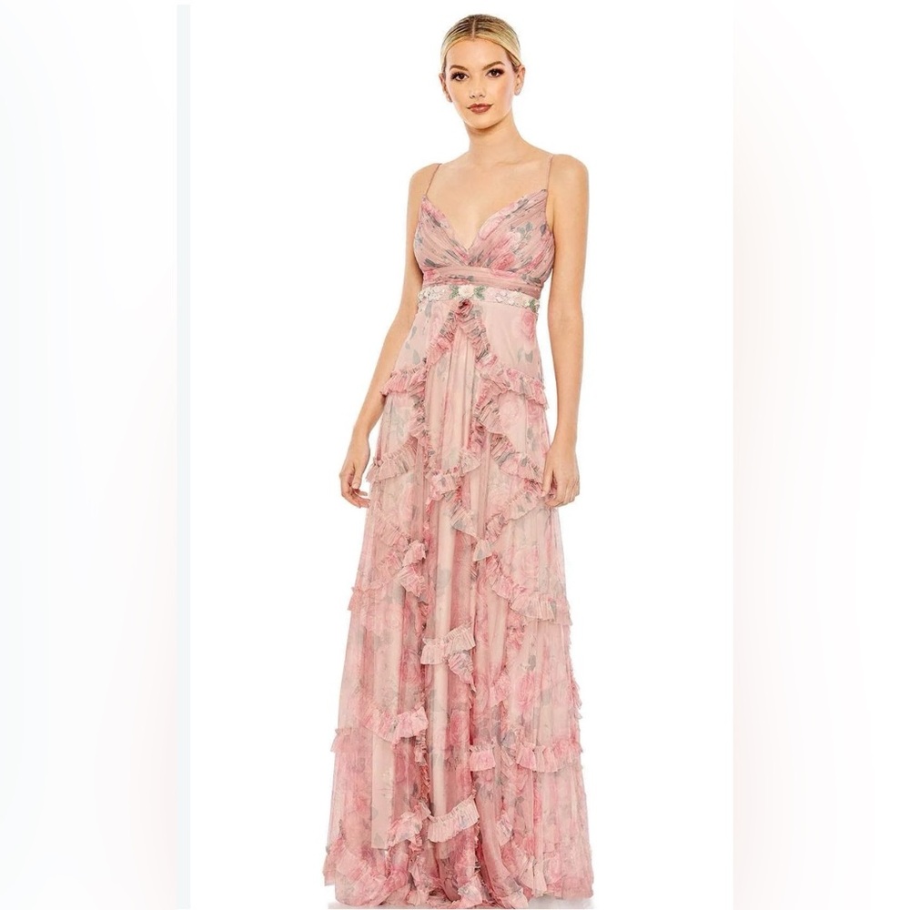 Mac Duggal Pink Floral Ruffled Maxi Dress